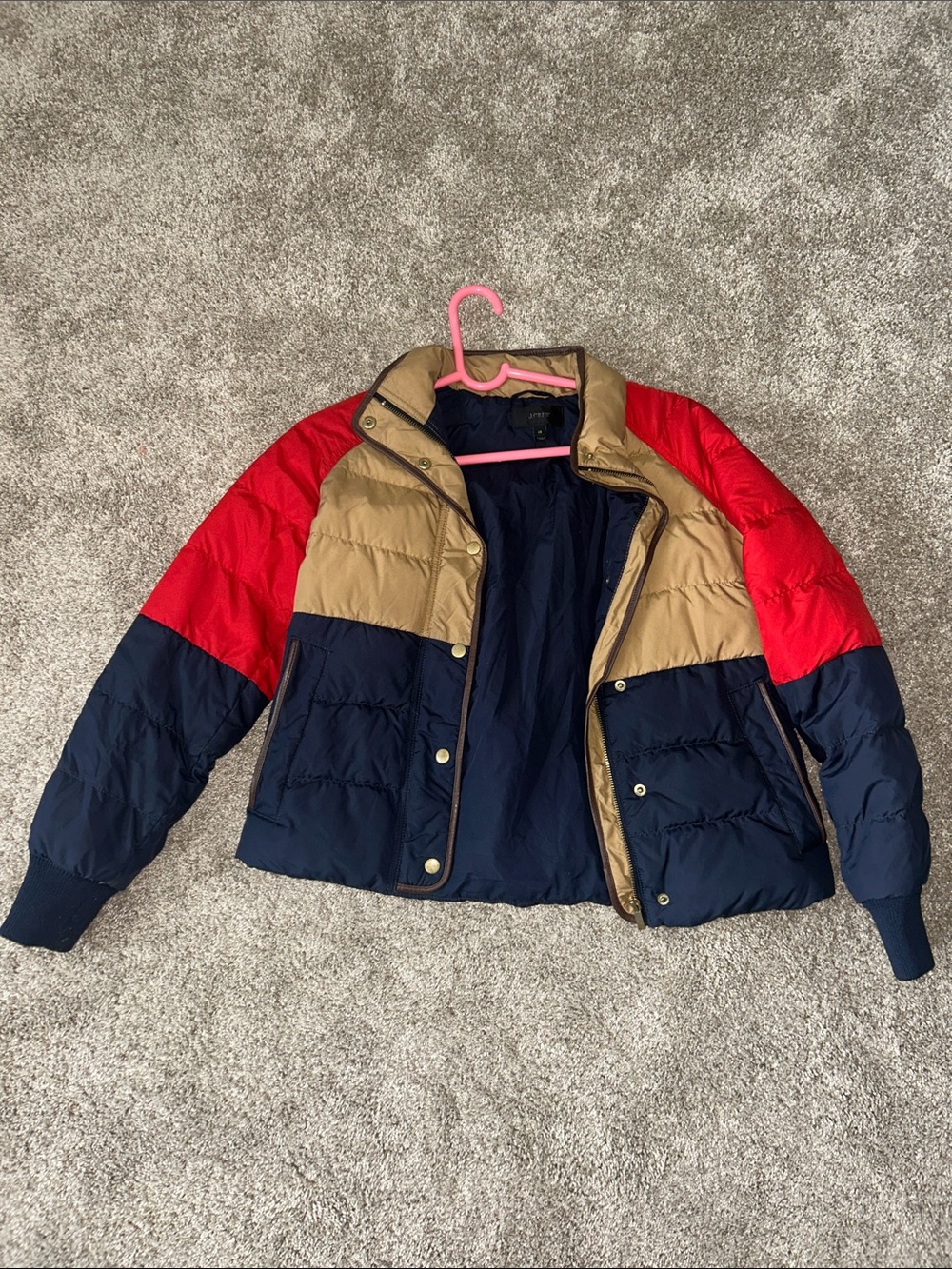 J. Crew Colorblock Puffer Jacket in Red, Navy & Tan